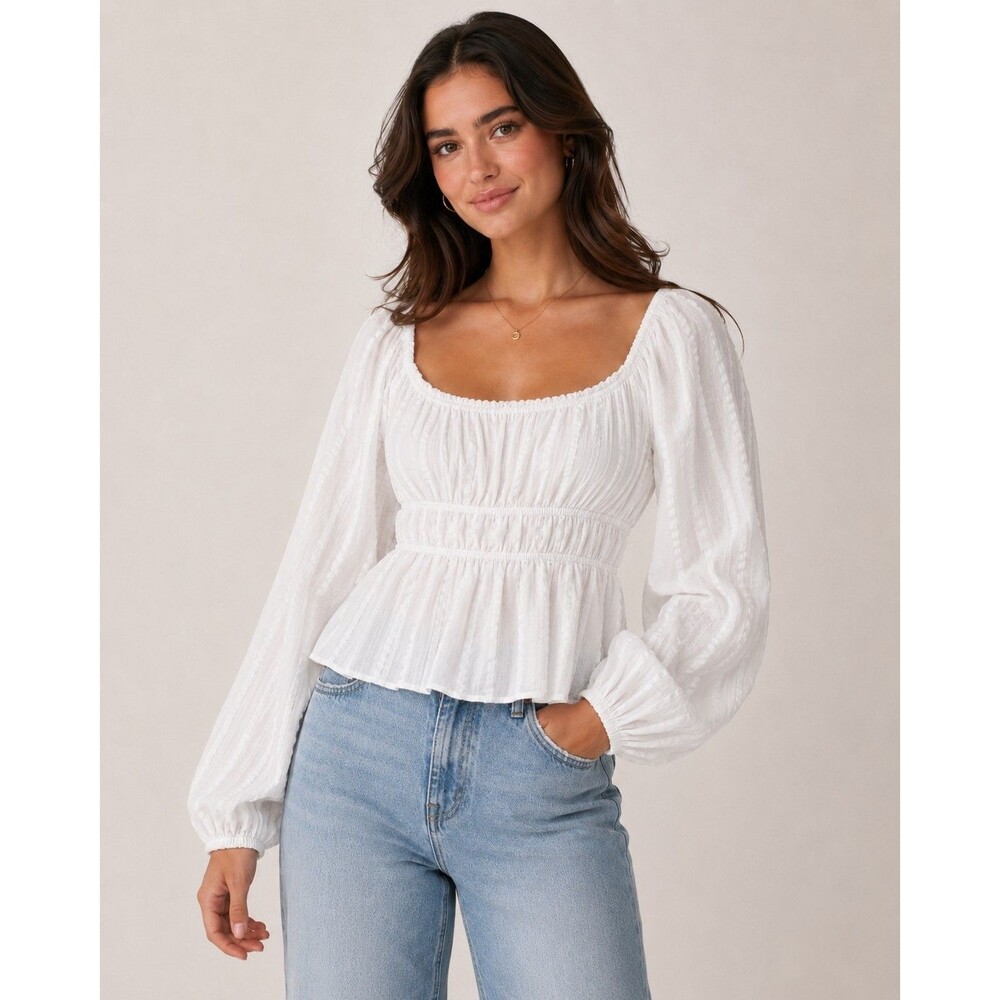 J.Crew White Cotton Blouse Women’s Puff Sleeve Square Neck Cottagecore Top Large